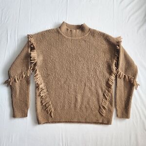 Michael Kors Size S Waffle Knit Fringe Mock Neck Tan Camel Sweater